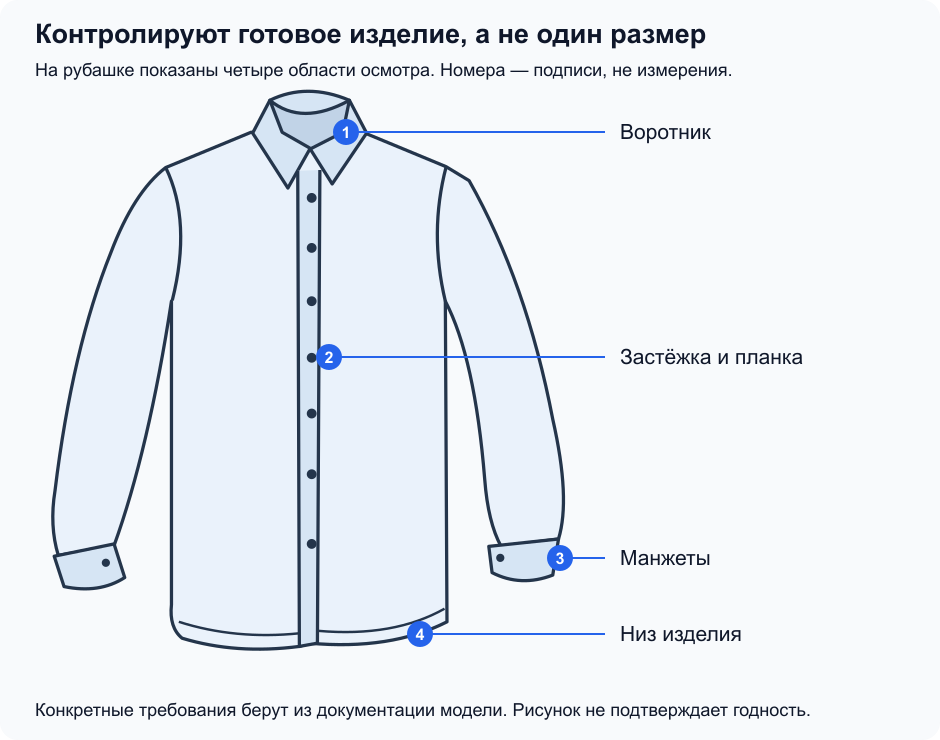Готовая рубашка спереди: отмечены воротник, застёжка с планкой, манжеты и низ изделия. Это области осмотра, не измерительные линии.