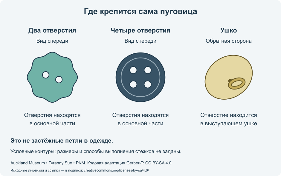 Показаны пуговицы с двумя и четырьмя отверстиями спереди и обратная сторона ушковой пуговицы с выступающим кольцом. Это места крепления пуговицы, а не петли в одежде.