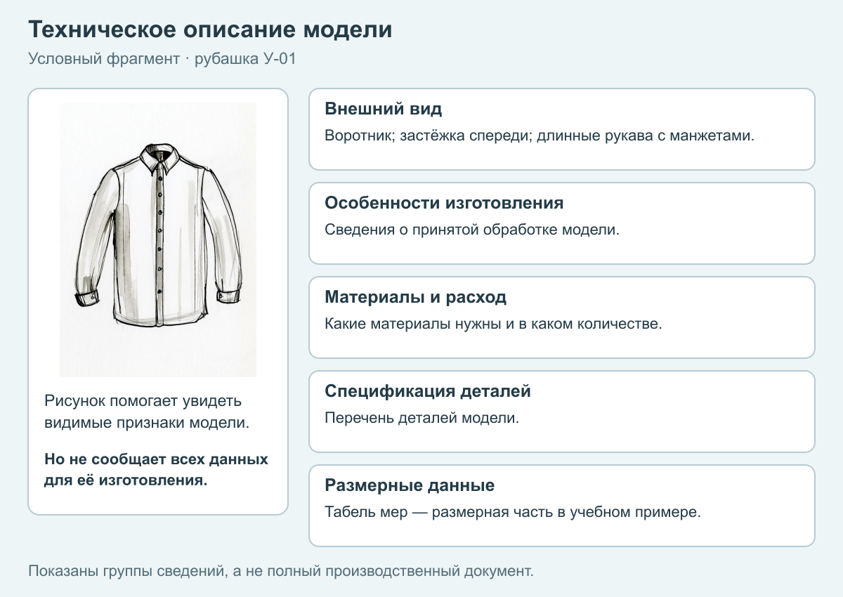 Условная рубашка У-01 и группы сведений о модели: внешний вид, изготовление, материалы и расход, перечень деталей и размерные данные.