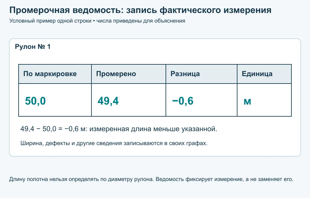 Промерочная ведомость. Условная строка ведомости сопоставляет указанную и измеренную длину одного рулона в одинаковых единицах; разница вычислена явно.