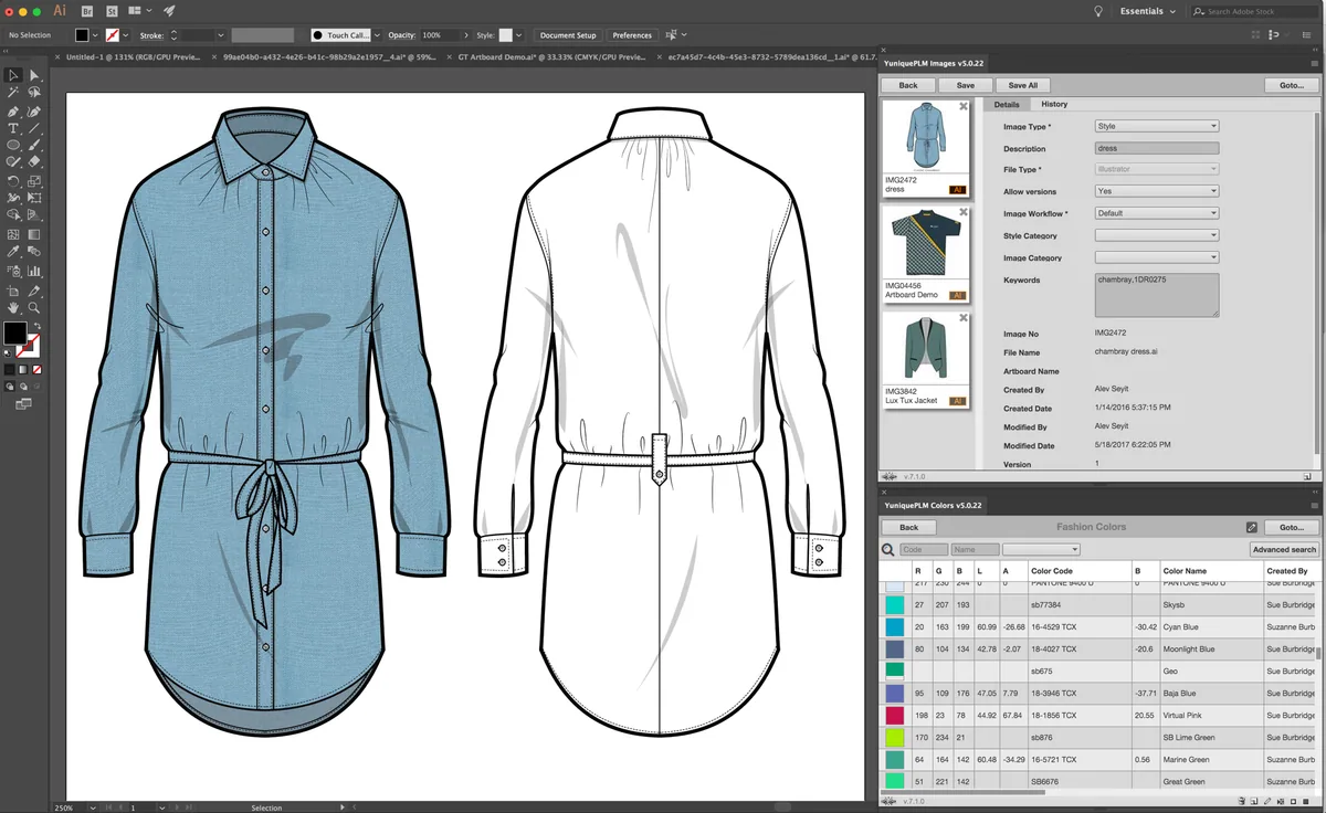 Эскиз рубашки в Adobe Illustrator и панель связанных данных Gerber