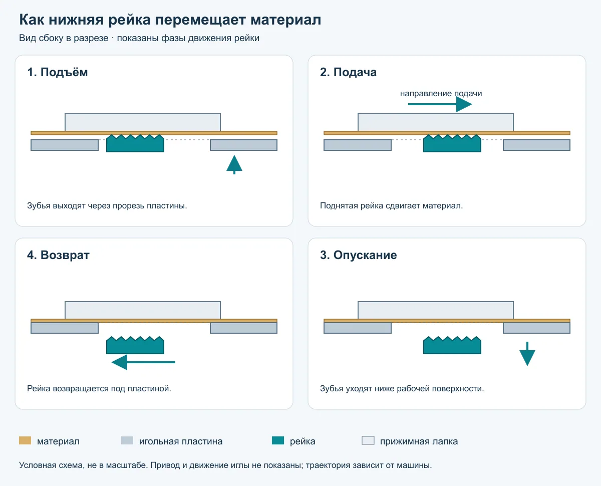 Механизм перемещения материала швейной машины. Условный разрез нижней реечной подачи: подъём рейки, подача материала, опускание и возврат под игольной пластиной. Привод и движение иглы не показаны. Геометрия не в масштабе; реальная траектория зависит от машины.