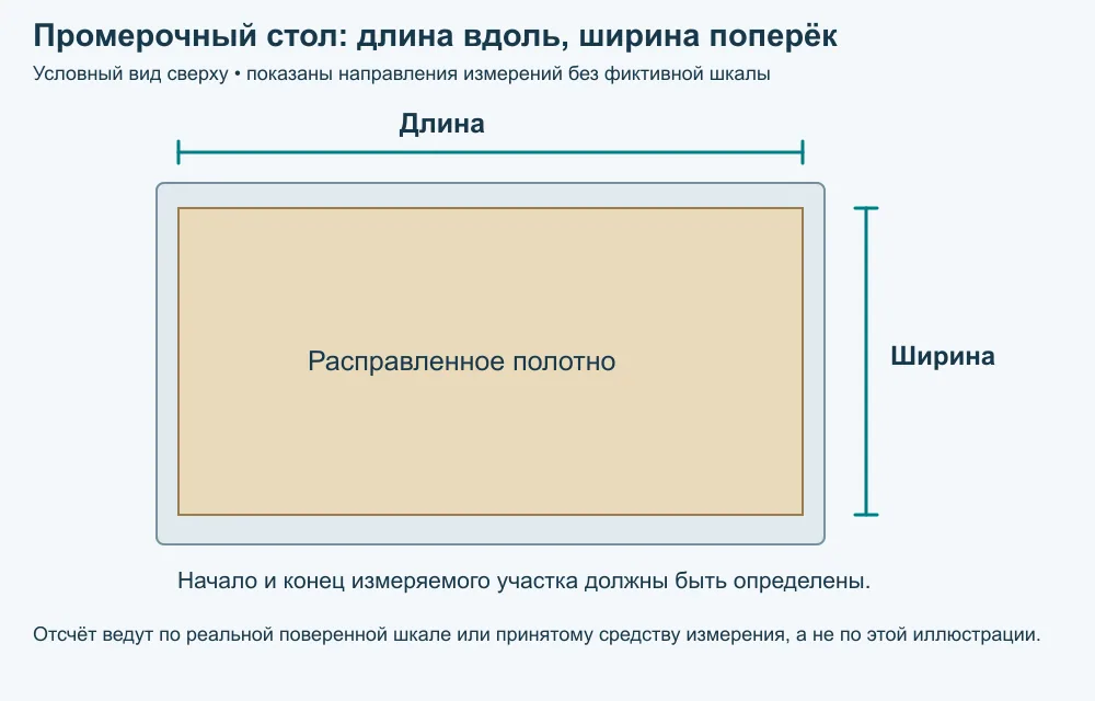 Промерочный стол. Длину измеряют вдоль полотна, ширину — поперёк. Схема показывает направления измерения, а не шкалу или устройство конкретного стола.