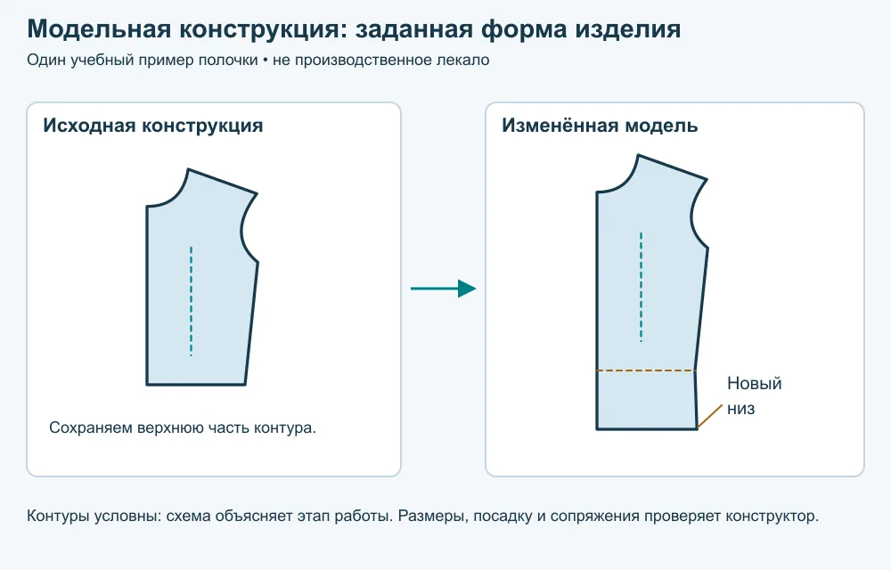 Модельная конструкция. На всех стадиях показана одна и та же условная полочка. Для моделирования приведено простое изменение длины с сохранением верхней части; это не готовый шаблон раскроя.