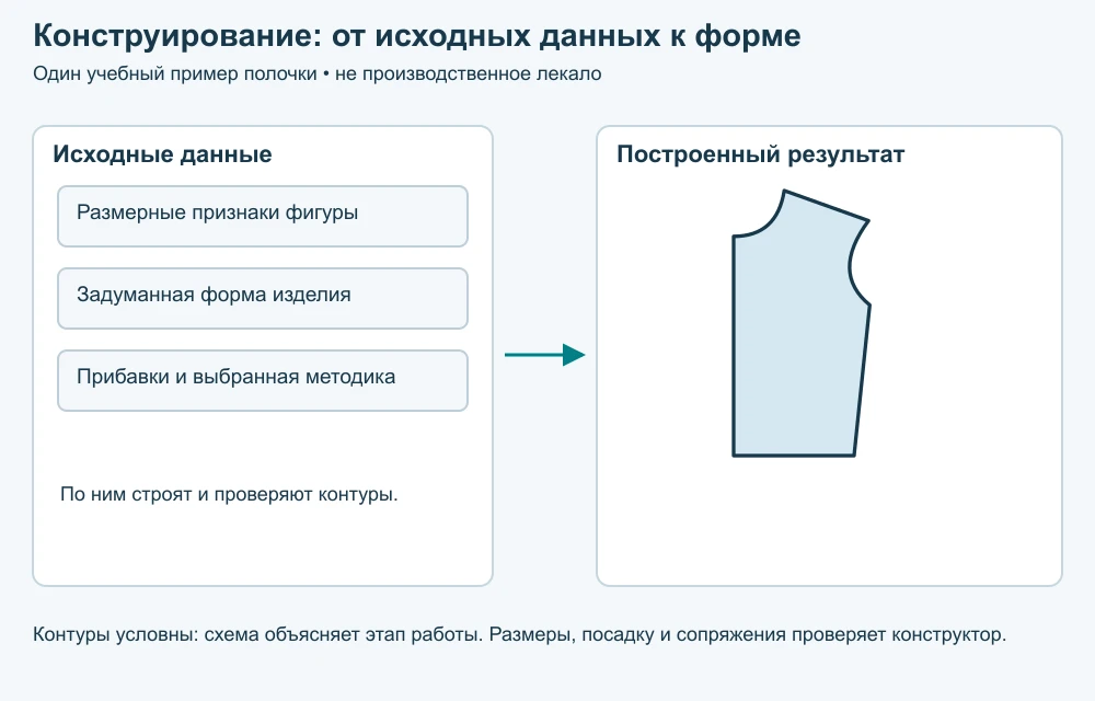 Конструирование одежды. Размерные признаки фигуры, задуманная форма изделия, прибавки и выбранная методика служат исходными данными для построения конструкции. Результат показан на условной полочке; это учебный пример, а не готовое производственное лекало.